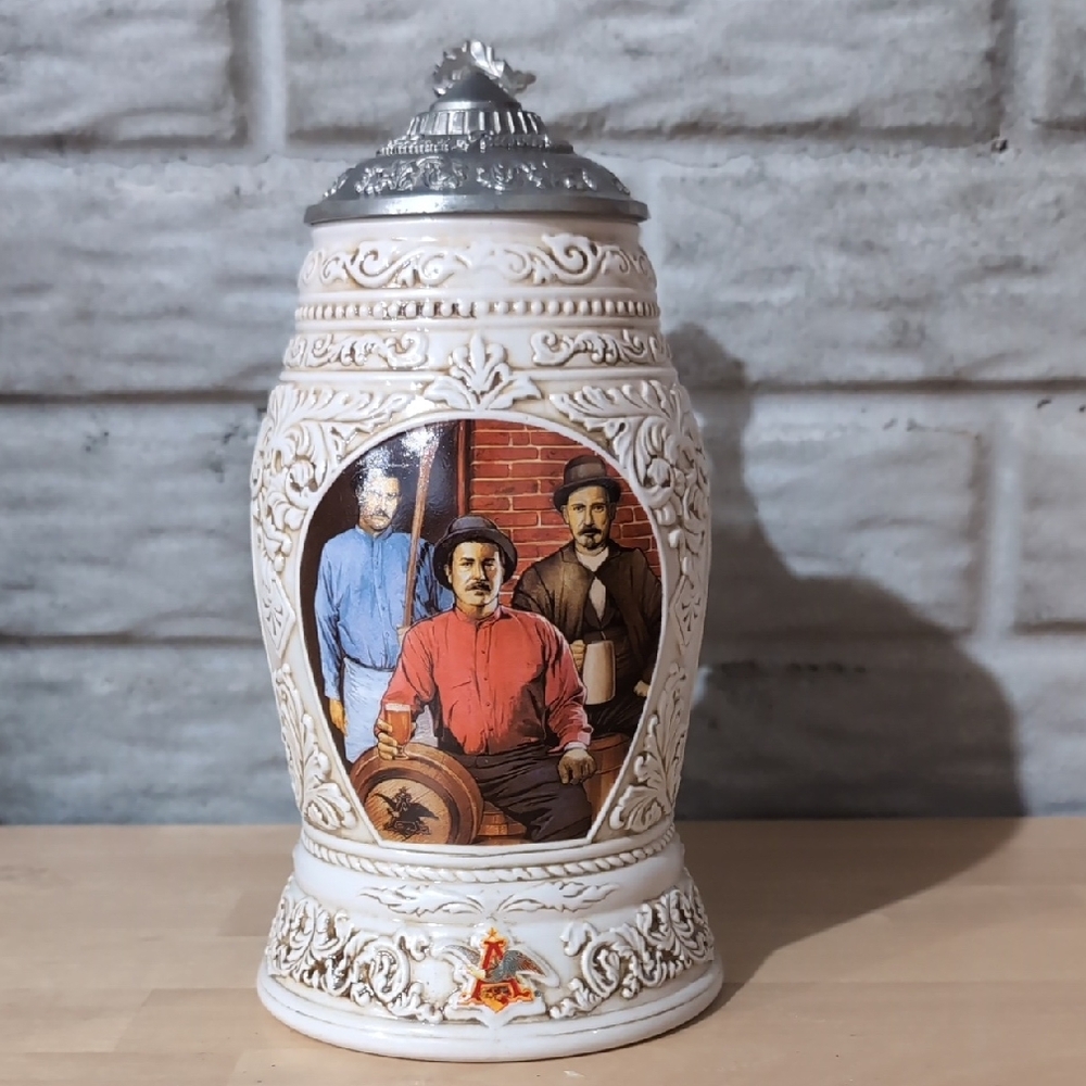 Decorative White Ceramic Beer Stein with Vintage Brewery Scene